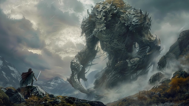 a monster with a mountain in the background
