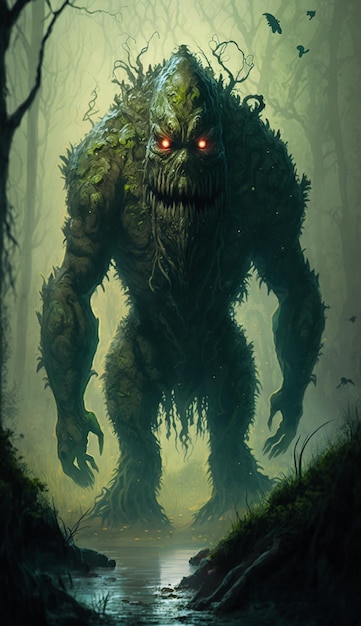 A monster with red eyes stands in a dark forest.