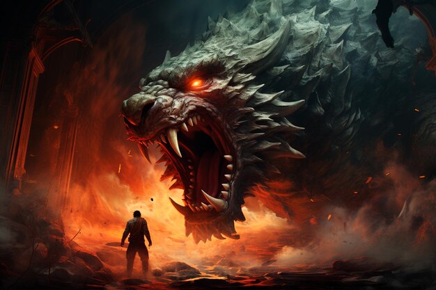 a monster with a red fire in a cave