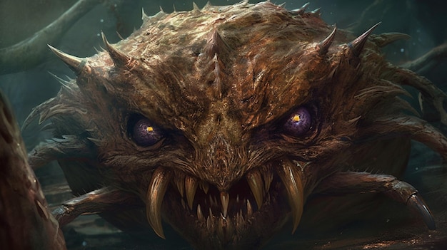 A monster with sharp teeth and a large head with purple eyes and a large mouth.