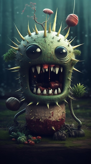 A monster with a spiky head and a green spiky nose.