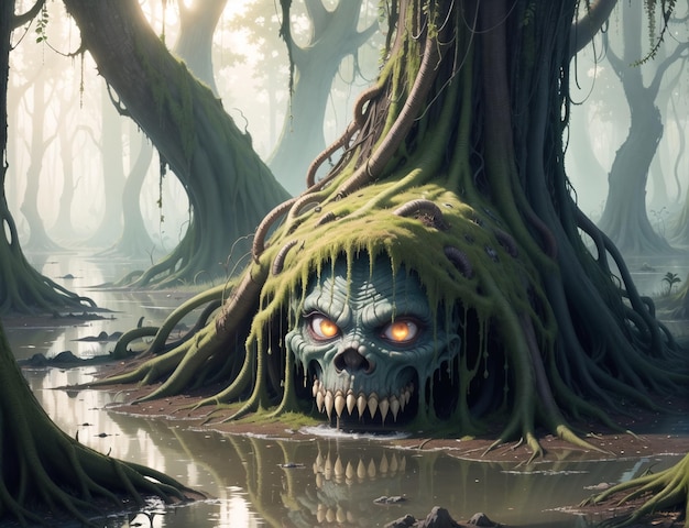 Монстр с корнями дерева посреди болота.