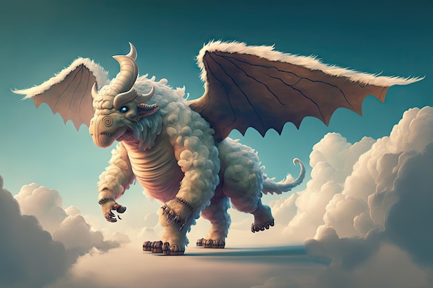 Monster with wings walking on clouds floating creature walking in air