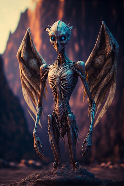 A monster with wings and wings stands in front of a mountain.