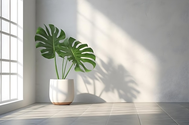 Monstera blad in een studio kamer met een venster schaduw