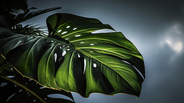 Monstera blad silhouet tegen een humeurige hemel