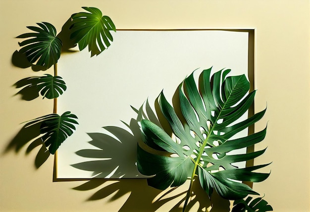 Monstera bladeren in glazen kan met zonlicht en lange schaduw op muur ai gegenereerd