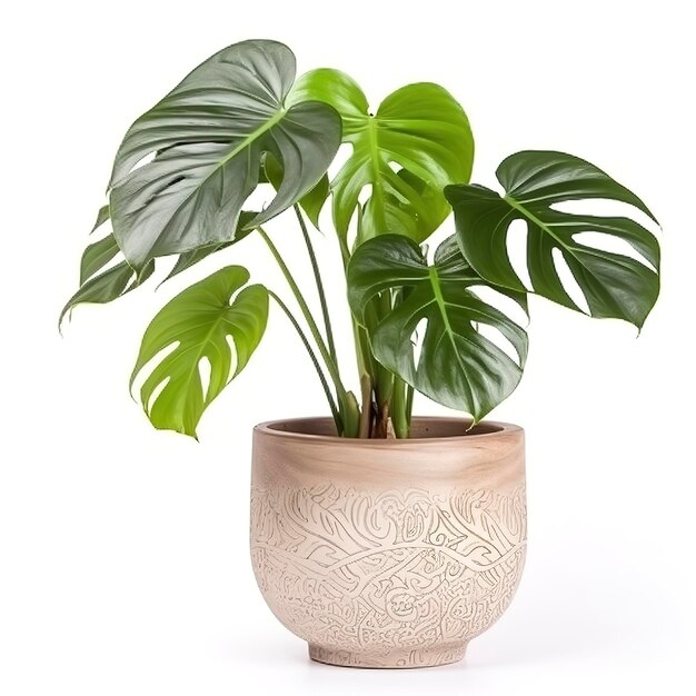 Monstera deliciosa blad de ceriman bloeiende plant inheems in tropische bossen palmblad met gatenpatroon geïsoleerd op witte achtergrond genereren ai