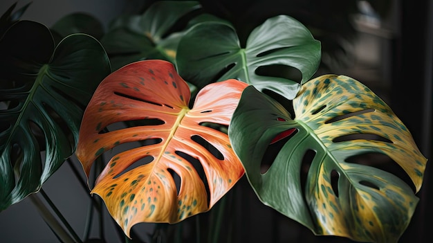 Monstera delicosa multicolored leaves textured background ai generative