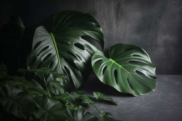 Monstera green leaves on grey