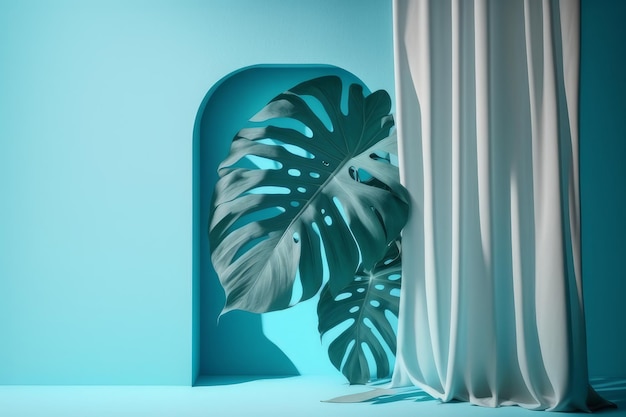 Monstera groene bladeren Monstera op een blauwe achtergrond Minimale abstracte lichtblauwe achtergrond