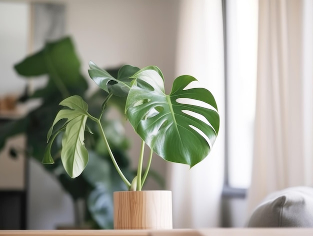 スタイリッシュなスカンジナビアのリビングルームのインテリアのポットに Monstera の室内植物を造 AI インテリアのミニマリストのスカンディナビアのスタイルのコンセプト