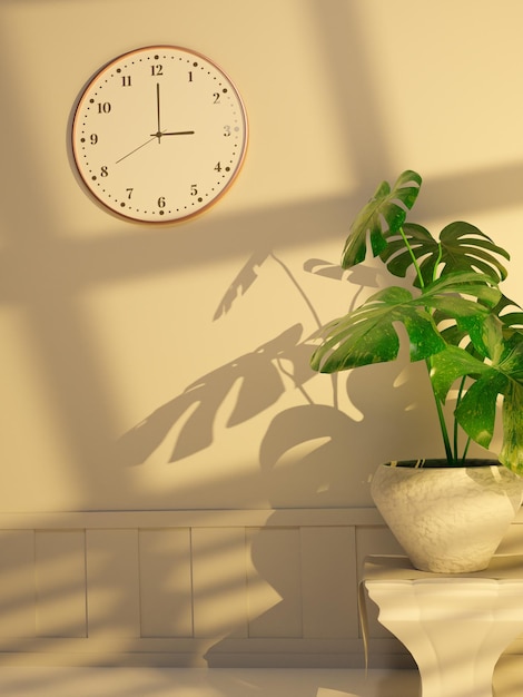 Monstera in vaas met klok en schaduwscène 3d render