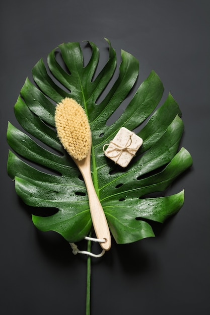 Monstera leaf, brush, SPA set for cellulite removal and wellness.