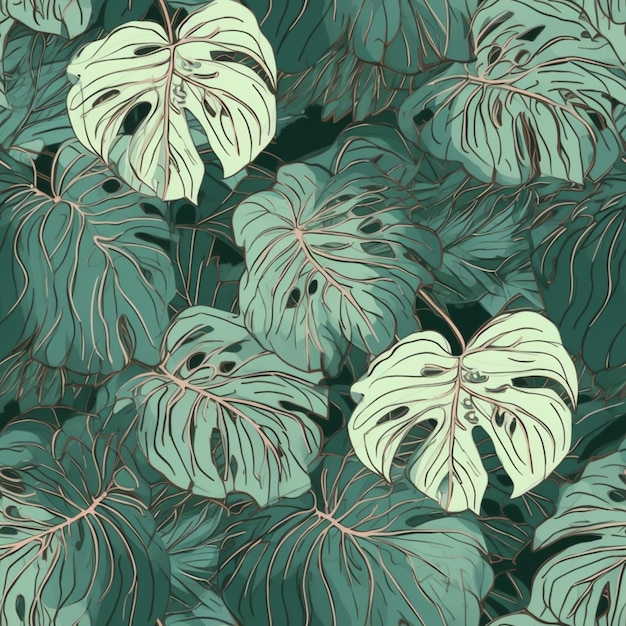 Monstera leaves on a dark green background.