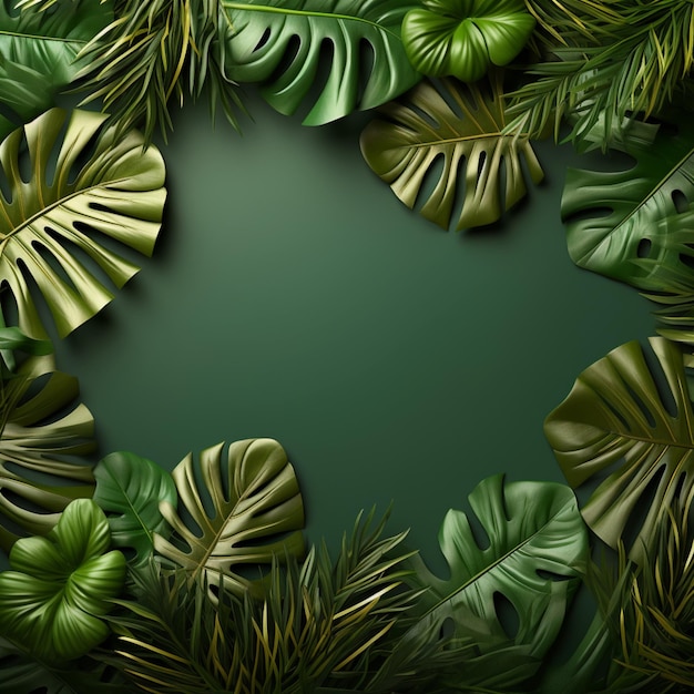 Monstera leaves frame on green background evoking natural elegance For Social Media Post Size