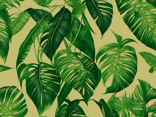 Monstera leaves on a green background