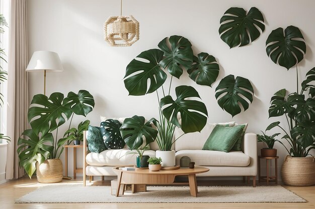 Monstera leaves in a living room