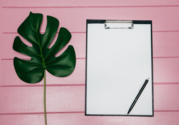 Monstera leaves and notepad on a pink background