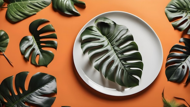 Monstera leaves on orange background white plate flat lay top view