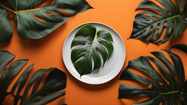 Monstera leaves on orange background white plate flat lay top view