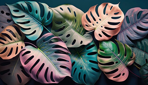 Monstera Leaves Pastel colors background spring pattern