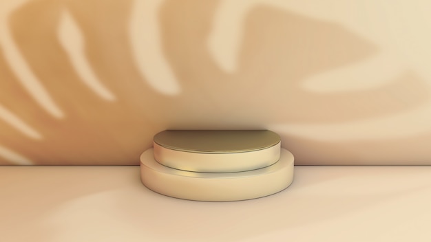 Тень Монстера на мраморной подставке для изделий с золотым кругом. 3D иллюстрации. Передний план. Сцена из мраморного цилиндра у стены.