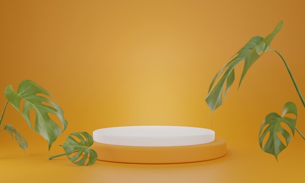 monstera tree on the side, in the podium is an empty orange and white platform.3D rendering.