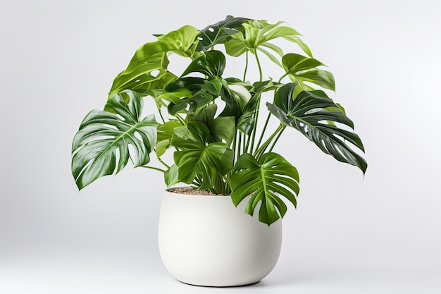 トロピカル・グリーン・リーフ・プランツ (Monstera tropical green leaves plants) は白い背景に美しい白いポットに植えられた植物です3Dレンダリングで描かれています