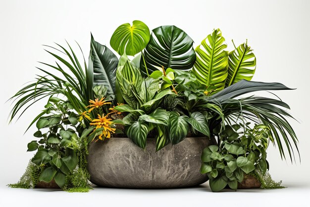 トロピカル・グリーン・リーフ・プランツ (Monstera tropical green leaves plants) は白い背景に美しい白いポットに植えられた植物です3Dレンダリングで描かれています