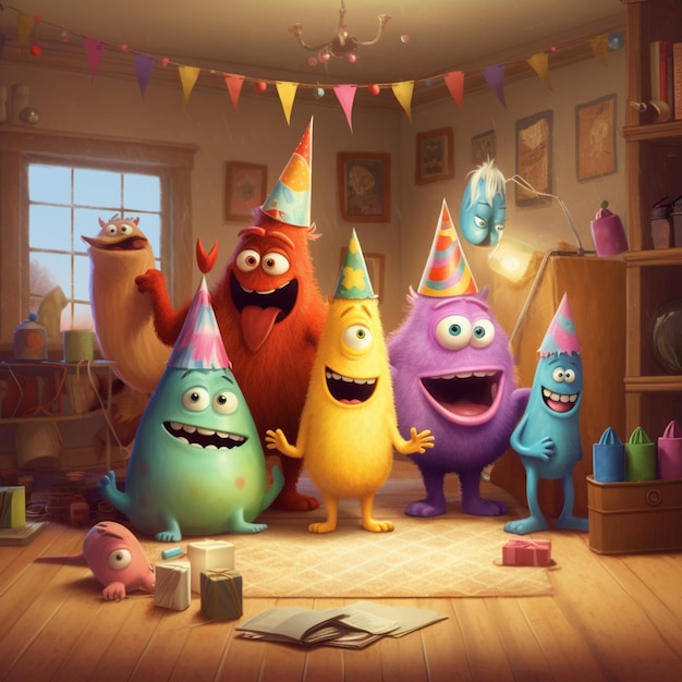 Monsters are standing in a room with a birthday hat on generative ai