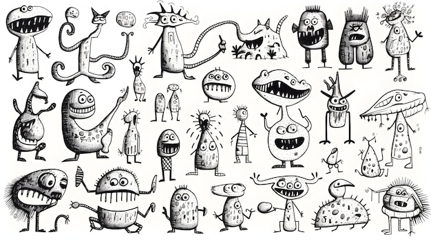 monsters Funny line handdrawn aliens for coloring pages Flat illustration generativ ai