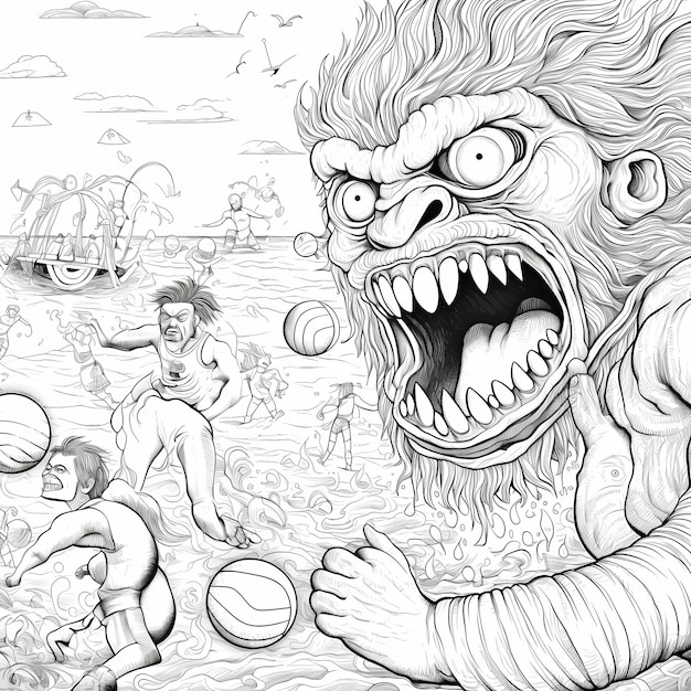 Photo monstrous beach volleyball coloring page for adults thicklined no color