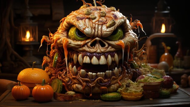 Foto mostruose voglie l'hamburger di halloween e i suoi gustosi ingredienti