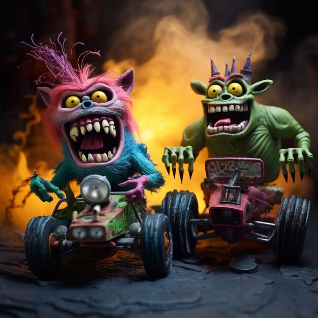 Photo monstrous mayhem madcap race of chaotic rat finks in felttextured stop motion speedfest