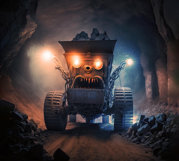 Фото Чудовищная тележка с горящими глазами, терроризирующая заброшенную шахту, наполненную тенями и тьмой, генерирующая иллюстрацию ai