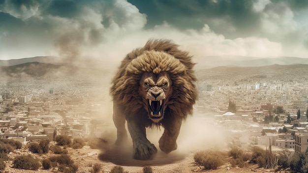 Monstrous sandstorm in the shape of a giant angry lion Generative AI