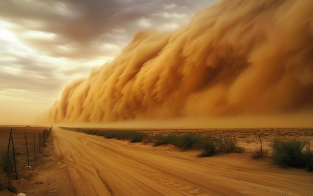 Monstrous sandstorm sweeps across a desert path engulfing the environment in a thick cloud of sand with dramatic lighting