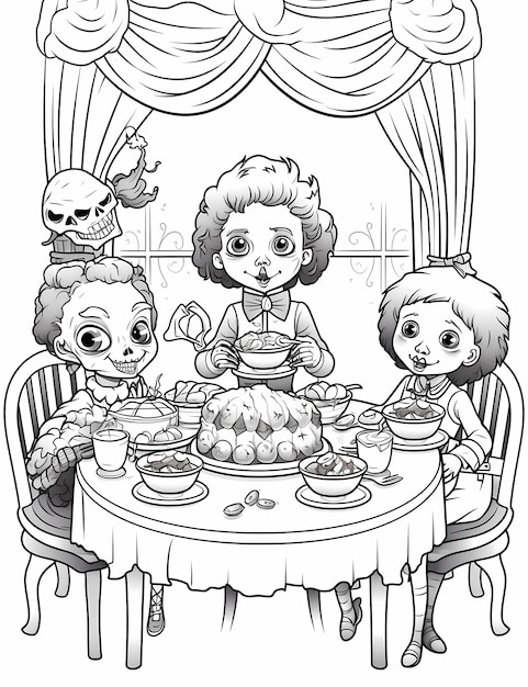 Monstrous Tea Party Fun Coloring Pages Kids with Cartoon Halloween Zombies