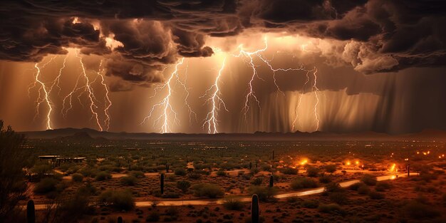 Foto monsunstorm met meerdere blikseminslagen