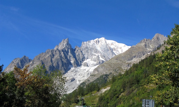 Mont Blanc, de hoogste top van de Alpen op de grens van Italië en Frankrijk. Hoge bergen met sneeuw