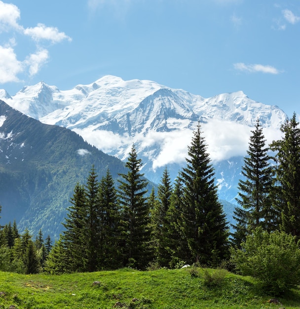 Mont Blanc mountain massif Chamonix valley France view from Plaine Joux outskirts