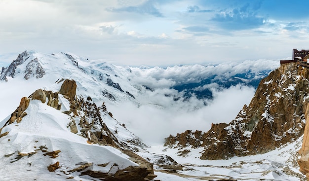 Mont Blanc rocky mountain massif summer view from Aiguille du Midi Mount Chamonix French Alps