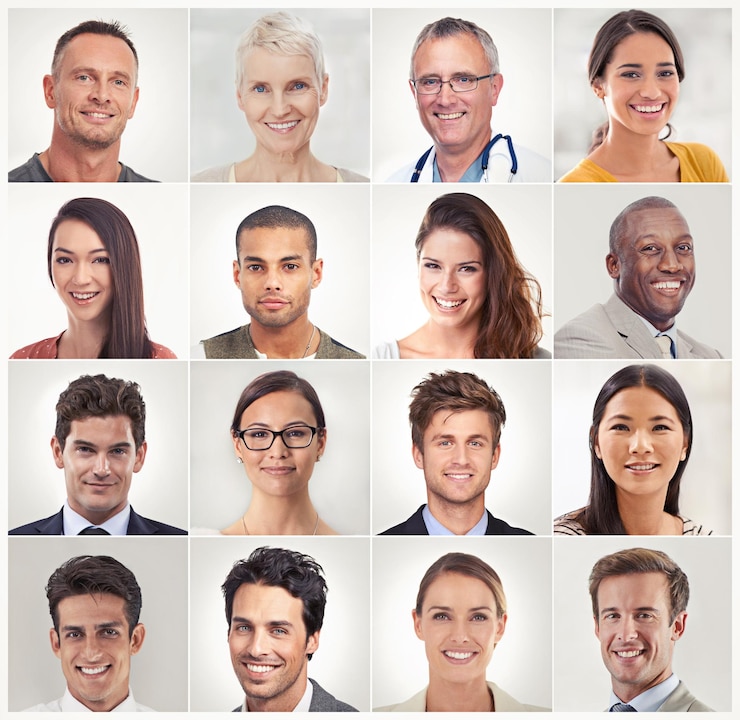 फोटो montage face collage or portrait of happy people in a community group or society with career success profession headshot profile picture or mosaic of men or women isolated on white background