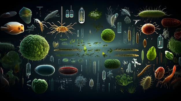 Montage of genetically modified organisms thriving in controlled environments