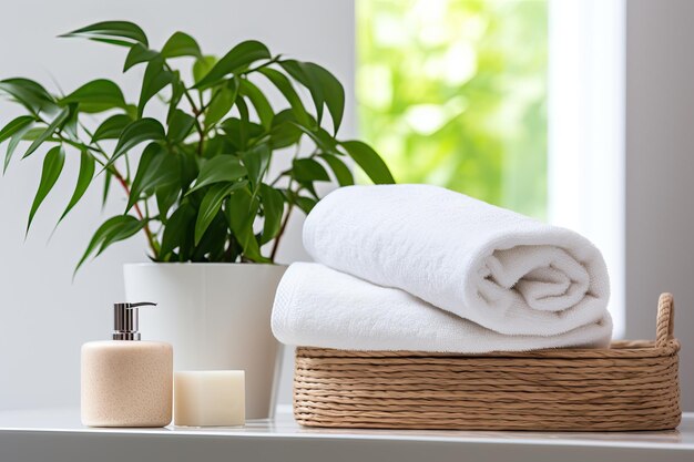 A montage of product display could include a white cotton towel placed inside a basket alongside a v