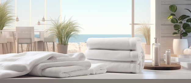 A montage for product display involving a rollup of white towels on a white table with a blurred