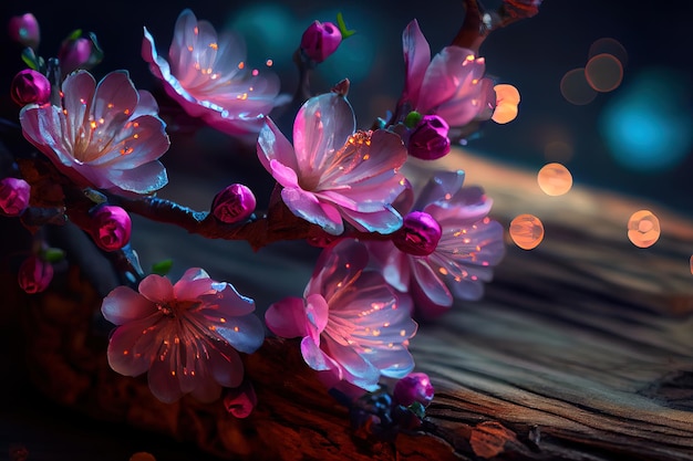 Montage with pink cherry blossom flower Generative Ai