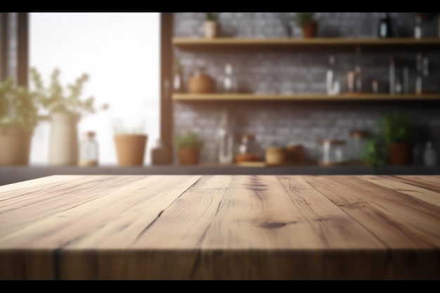 Montage wooden table with blurred modern kitchen room background Generative AI