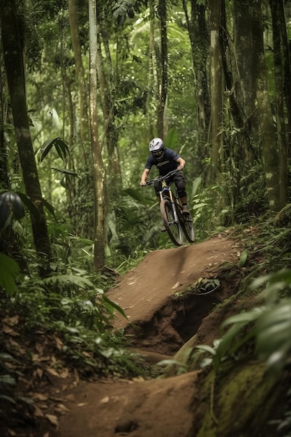 Montain bike racing on tropical forest generative ai